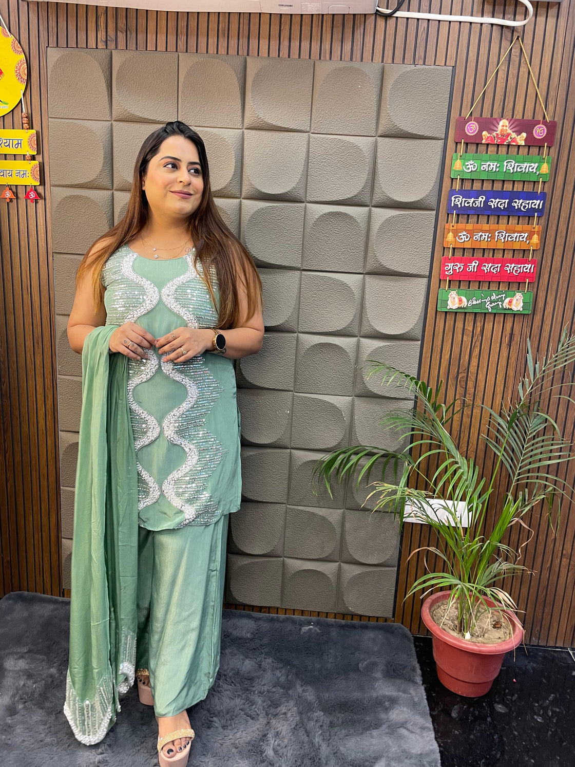 Pure Chinnon Crepe Premium Handwork Suit (Green & Lavender)