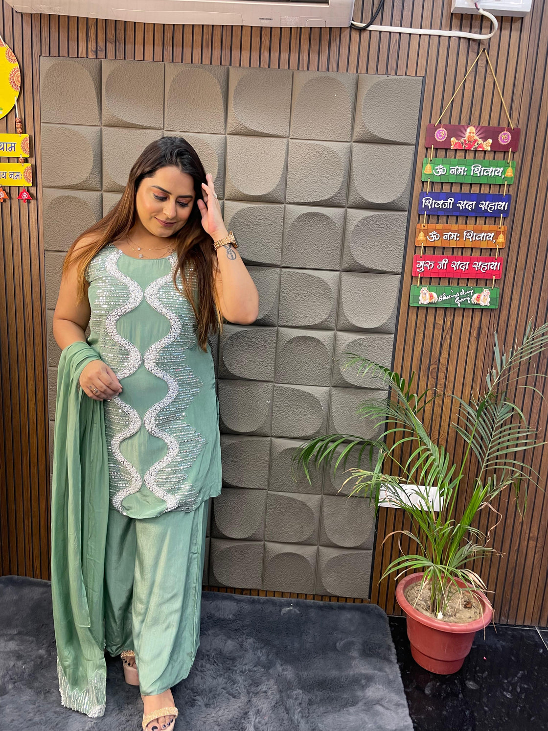 Pure Chinnon Crepe Premium Handwork Suit (Green & Lavender)