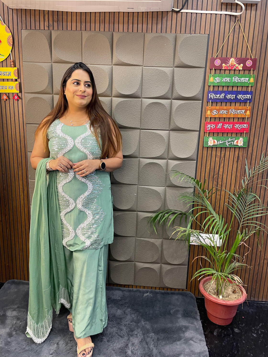 Pure Chinnon Crepe Premium Handwork Suit (Green & Lavender)