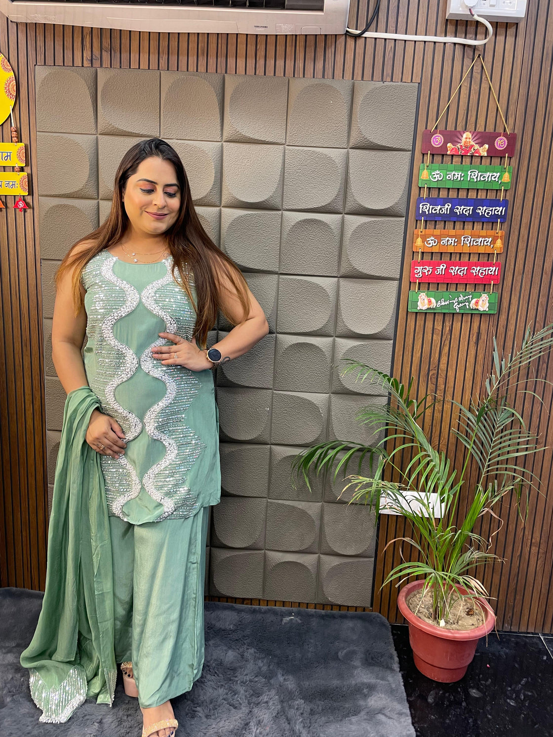 Pure Chinnon Crepe Premium Handwork Suit (Green & Lavender)