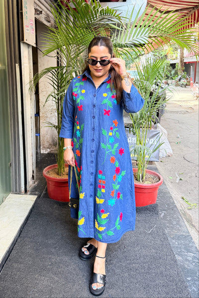 ‘PETAL SKY’ Embroidery Denim Dress