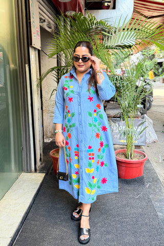 ‘PETAL SKY’ Embroidery Denim Dress