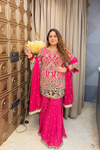 ‘CHARUMATI’ Hand Work Embroidery, Sharara Three Piece Set