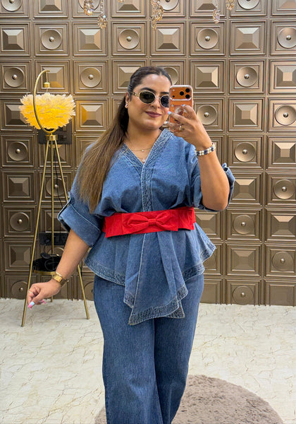 'SCARLET' Ribbon Bow Denim Shirt/Top