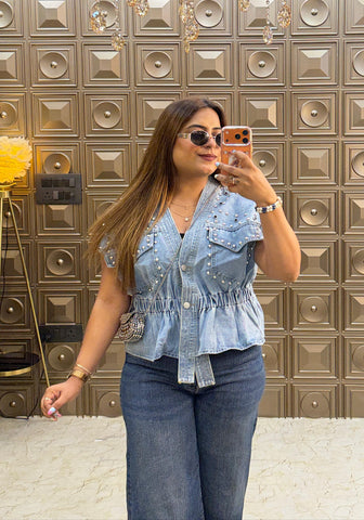 'ERICA' Denim Metal Stonework Top